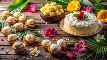 Fototapeta premium Tropical Delight A Table Set with Coconut Cream Cake, Cupcakes and Flowers on a Rustic Wooden Background