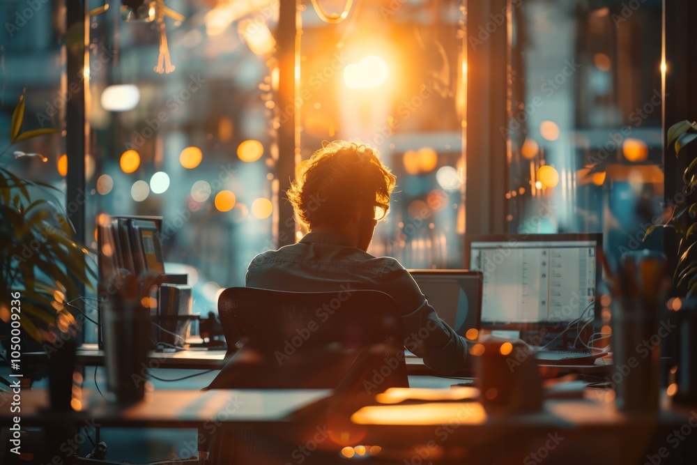 Aufkleber man concentrating on his computer work in an office with a captivating sunset view, suggesting dedic