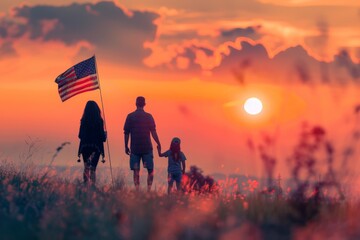 Fototapeta premium A family trio, carrying an American flag, walks through a field during a stunning sunset, evoking themes of patriotism, freedom, and familial love and unity.