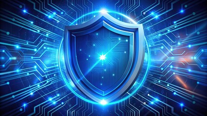Obraz premium Blue Security Shield with Digital Technology Circle Rotation in a Futuristic Background for Enhanced Cybersecurity and Data Protection Concepts