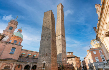 Two Towers (Le Due Torri Garisenda e degli Asinelli) as symbols of medieval Bologna, Emilia-Romagna, Italy