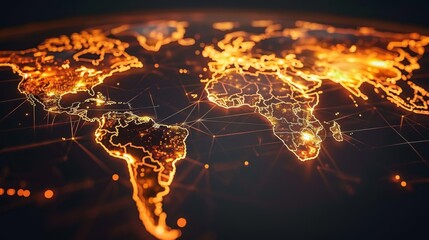 Illuminated digital world map showcasing vibrant virtual networks and global technology connections