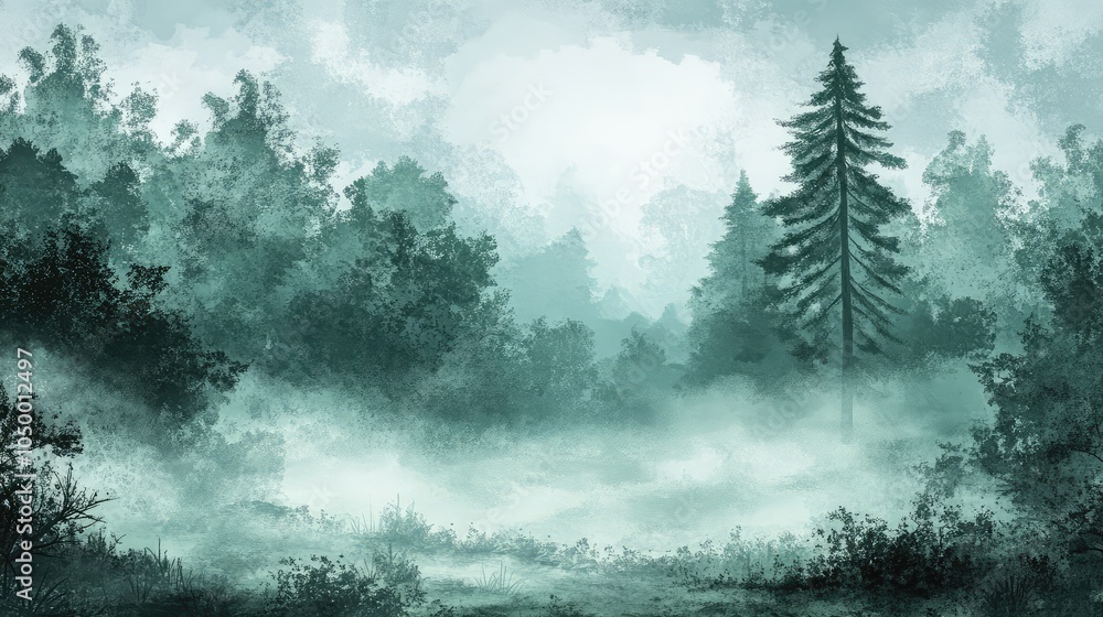 Poster a fog-covered forest scene with muted green and gray tones, the trees fading softly into the mist, c