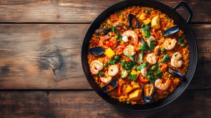 Seafood Paella on a Wooden Table with Warm Tones