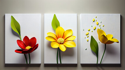 Three-dimensional paintings with decorative flowers in the style of minimalism: yellow and red flowers with detailed petals on a white background, which emphasizes the brightness and lightness 