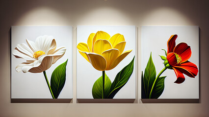 Three-dimensional paintings with decorative flowers in the style of minimalism: yellow and red flowers with detailed petals on a white background, which emphasizes the brightness and lightness 