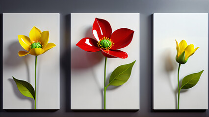 Three-dimensional paintings with decorative flowers in the style of minimalism: yellow and red flowers with detailed petals on a white background, which emphasizes the brightness and lightness 