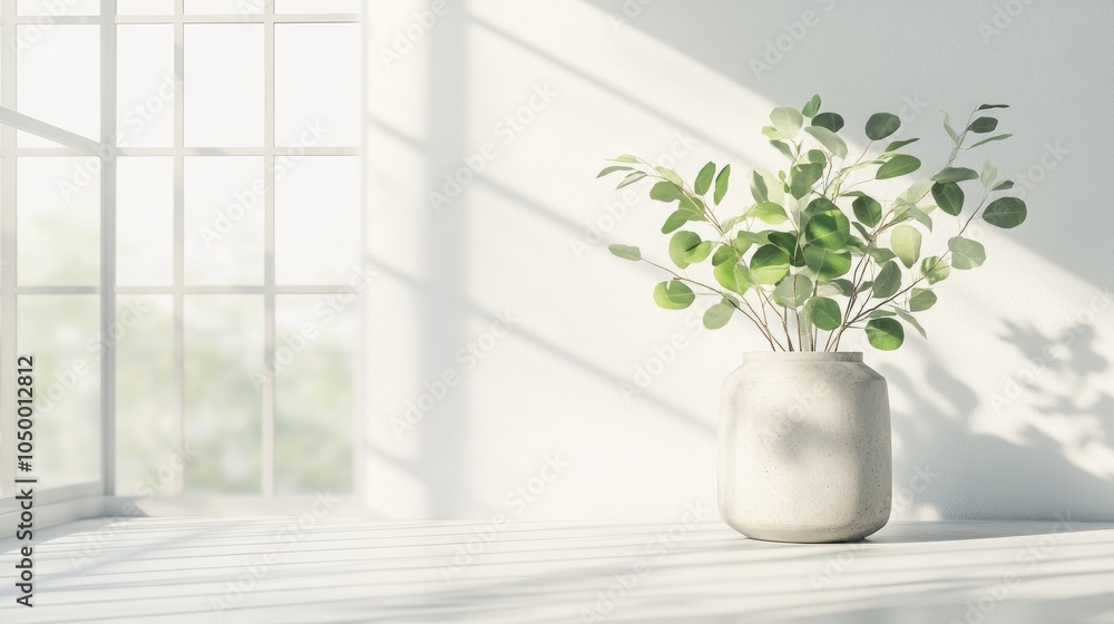 Poster a vase with green leaves sits on a white surface in front of a window with sunlight streaming throug