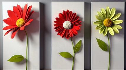 Three-dimensional paintings with decorative flowers in the style of minimalism: yellow and red flowers with detailed petals on a white background, which emphasizes the brightness and lightness 