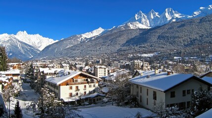 Winter Landscape of Snowy Mountains and Village