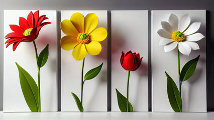Three-dimensional paintings with decorative flowers in the style of minimalism: yellow and red flowers with detailed petals on a white background, which emphasizes the brightness and lightness 