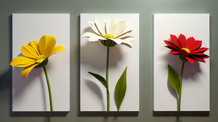 Three-dimensional paintings with decorative flowers in the style of minimalism: yellow and red flowers with detailed petals on a white background, which emphasizes the brightness and lightness 