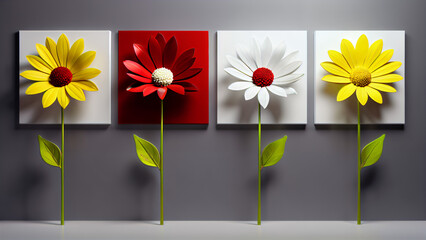 Three-dimensional paintings with decorative flowers in the style of minimalism: yellow and red flowers with detailed petals on a white background, which emphasizes the brightness and lightness 