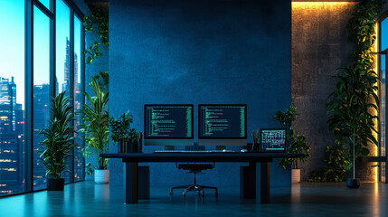 A modern workspace with dual monitors displaying programming code in a dimly lit office environment