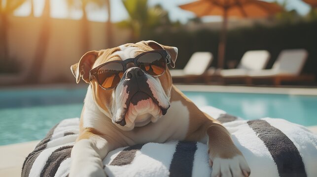 プールサイドでくつろぐブルドッグ