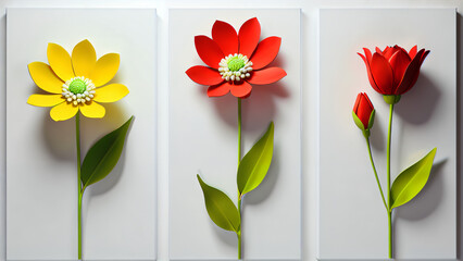 Three-dimensional paintings with decorative flowers in the style of minimalism: yellow and red flowers with detailed petals on a white background, which emphasizes the brightness and lightness 