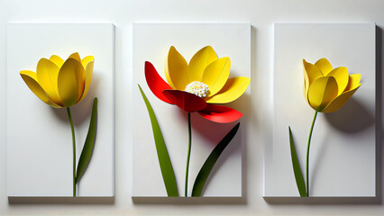 Three-dimensional paintings with decorative flowers in the style of minimalism: yellow and red flowers with detailed petals on a white background, which emphasizes the brightness and lightness 