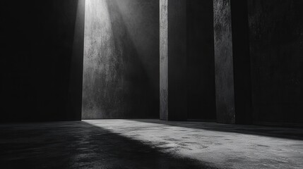 An abstract black and white background with a concrete floor and dark wall provides an empty canvas for displays or performances, enhanced by cinematic lighting that casts dramatic shadows.