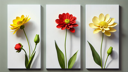 Three-dimensional paintings with decorative flowers in the style of minimalism: yellow and red flowers with detailed petals on a white background, which emphasizes the brightness and lightness 