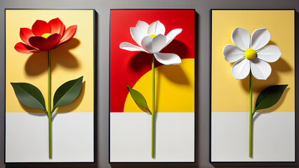 Three-dimensional paintings with decorative flowers in the style of minimalism: yellow and red flowers with detailed petals on a white background, which emphasizes the brightness and lightness 