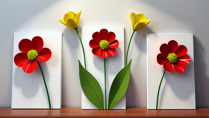 Three-dimensional paintings with decorative flowers in the style of minimalism: yellow and red flowers with detailed petals on a white background, which emphasizes the brightness and lightness 