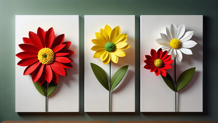 Three-dimensional paintings with decorative flowers in the style of minimalism: yellow and red flowers with detailed petals on a white background, which emphasizes the brightness and lightness 