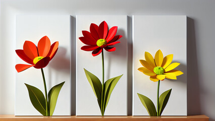 Three-dimensional paintings with decorative flowers in the style of minimalism: yellow and red flowers with detailed petals on a white background, which emphasizes the brightness and lightness 