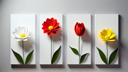 Three-dimensional paintings with decorative flowers in the style of minimalism: yellow and red flowers with detailed petals on a white background, which emphasizes the brightness and lightness 