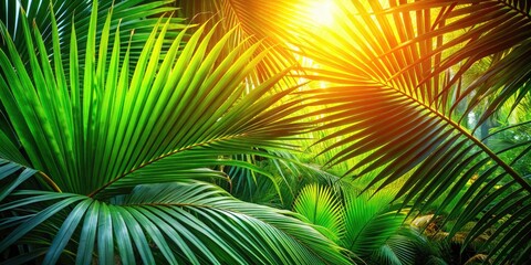 Obraz premium Close-Up of Lush Palm Leaves Illuminated by Sunlight, Tropical Vibes, Nature's Beauty, Greenery, Sun-Drenched Foliage, Exotic Plants, Refreshing Outdoor Aesthetics, Summer Vibes, Natural Patterns