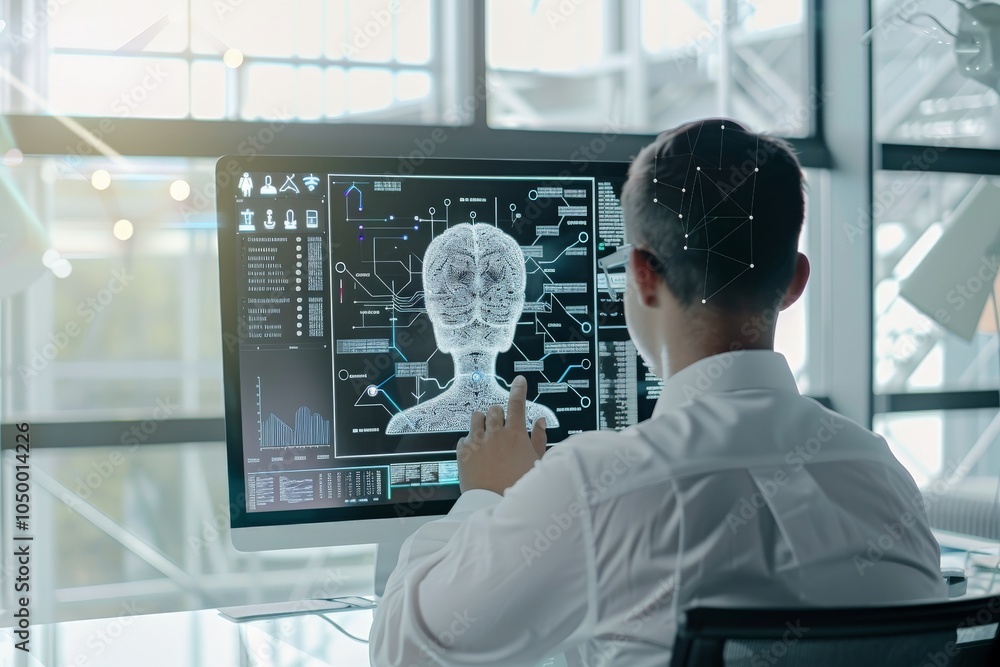 Poster a man in a white shirt interacts with a futuristic technology interface on a large computer, surroun