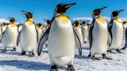 Fototapeta premium Penguins in Frozen Landscape Under Bright Blue Sky