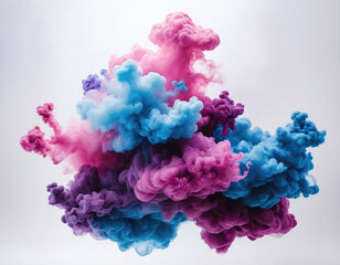 Obraz premium Acrylic color pigment and ink cloud in water. Abstract smoke on white background with copy space. Fancy dream cloud of ink underwater. Purple, blue and pink colors