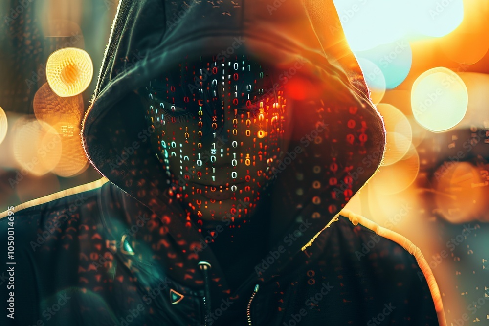 Poster a mysterious character in a hooded jacket is portrayed with binary code overlaid on their image, sym