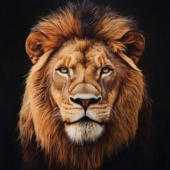 Naklejka premium Generate a close-up frontal view of an imposing lion, showcasing power and intensity with detailed realism in oil painting style