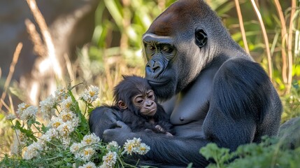 A female gorilla cradles her baby in her arms, surrounded by flowers in a lush green forest.