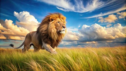Majestic Lion Running Through Tall Grass in a Vibrant Field, Wild Animal in Motion, Nature Scene, Wildlife Photography, Natural Habitat, Safari Adventure, Graceful Predator, Beautiful Landscape