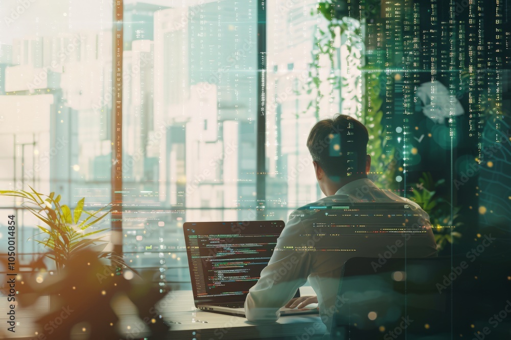 Poster an office setting with a man at a desk working on a laptop surrounded by digital code and a city sky