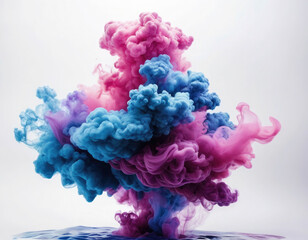 Fototapeta premium Acrylic color pigment and ink cloud in water. Abstract smoke on white background with copy space. Fancy dream cloud of ink underwater. Purple, blue and pink colors
