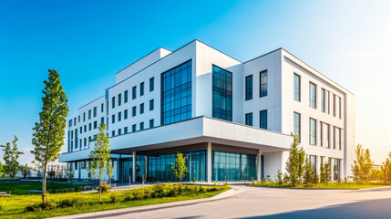 Obraz premium Modern glass building reflecting sunlight under a clear blue sky with scattered clouds during the afternoon hours