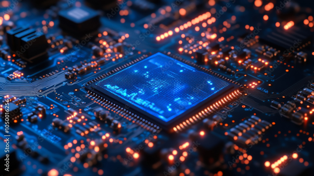 Poster intricate blue microchip surrounded by glowing circuits on a computer motherboard at close range