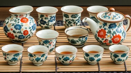 Colorful Tea Set with Floral Patterns on Bamboo Mat