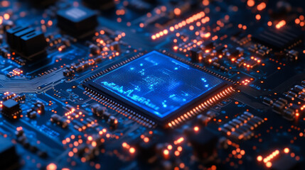 Intricate blue microchip surrounded by glowing circuits on a computer motherboard at close range