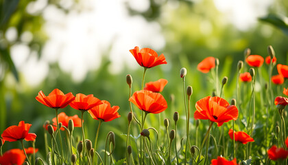 Obraz premium red poppies in the garden isolated with white highlights, png