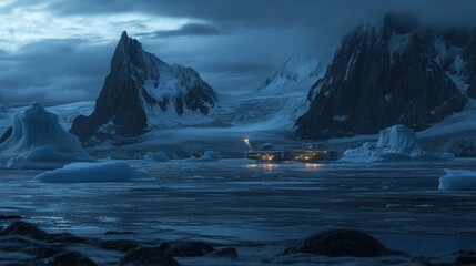 A lone research station sits amidst a frozen landscape of towering mountains, icebergs, and a dark, stormy sky.