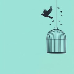 Fototapeta premium A solitary bird escapes from an empty cage against a soft turquoise background, symbolizing freedom and hope.