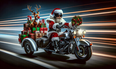 Fototapeta premium Nikolaus , Weihnachtsmann mit Rentier Geschenken auf einem schnellen Motorrad