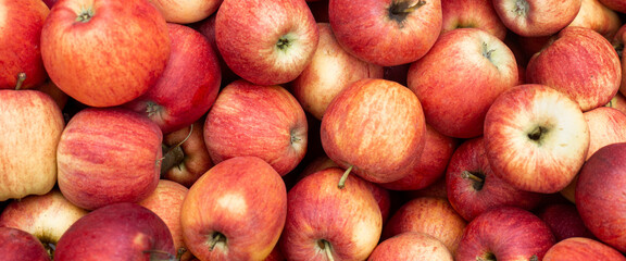 Background with fresh red apples. Top view, flat lay. Banner