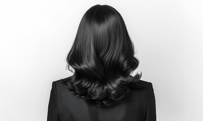 A woman with long black hair is wearing a black jacket. The jacket is black and the hair is long, flowing down her back. The woman's hair is styled in a way that it looks sleek and shiny
