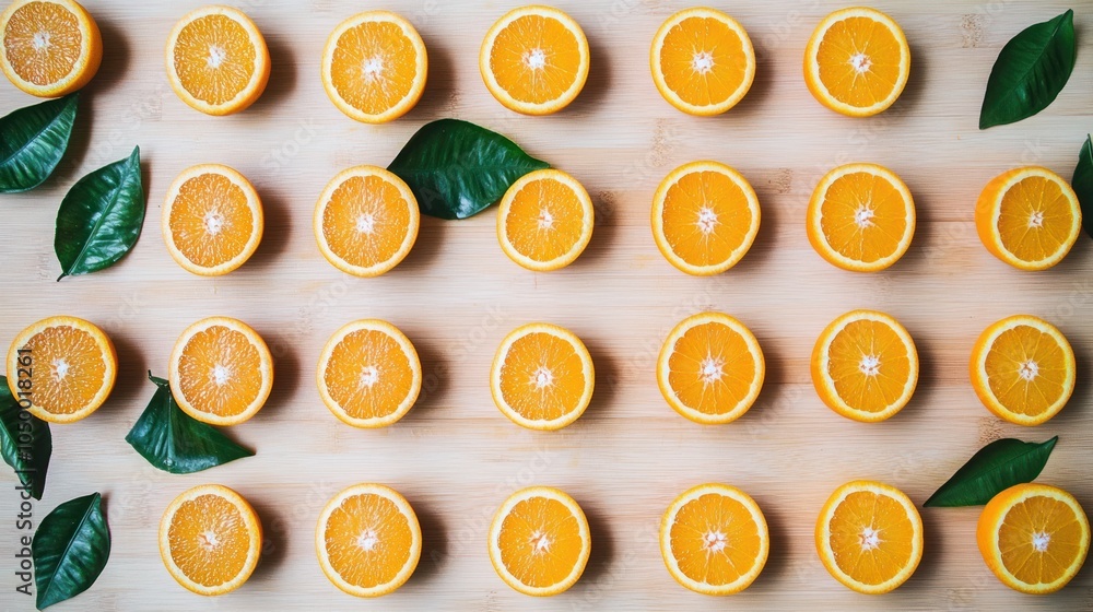 Poster a flat lay of halved oranges and green leaves arranged in a grid pattern on a light wood background.