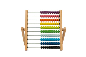 Wooden abacus with multi-colored beads. The beads are arranged in rows, with each row containing a...
